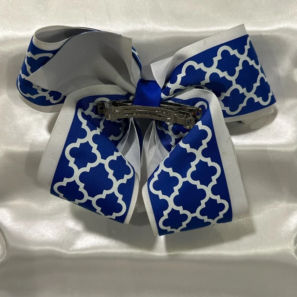 Mega Hair Bow. Royal Blue & White Patterned Grosgrain